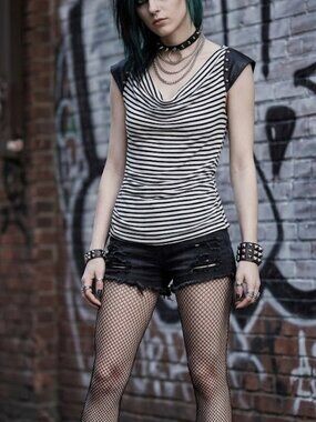 BCX Studded Faux Leather Sleeve Striped Top XS Moto Y2K Cowl Neck